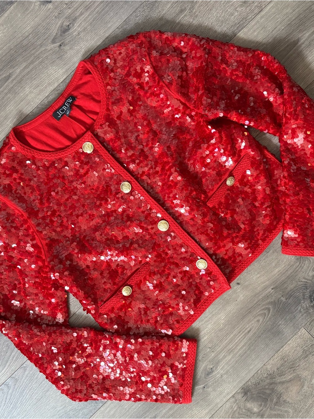 J.Crew mariner red Sequin Jacket with gold buttons